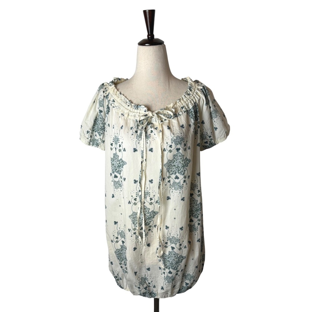 Patagonia Blouse Women XL Ivory Blue Organic Cotton Floral Puff Sleeve Boho - Picture 2 of 11